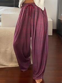 DAZY Plaid Loose Drawstring Waist Wide Leg Women Lounge Pants - Burgundy - View 3