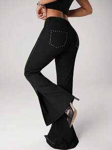 SHEIN ICON Quần ống loe xẻ gấu đinh tán dành cho nữ, quần dài vừa vặn phong cách Y2K thường ngày sang trọng - màu đen - Xem 2