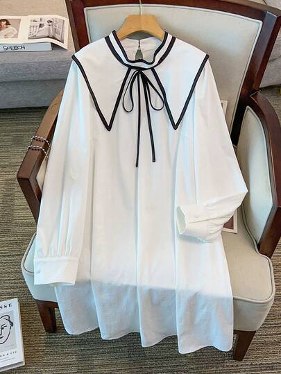 GlowEve CURVE Plus Size Women's Color Block Lapel Casual Loose Dress, Suitable For Spring, Summer, Autumn, Vacation, Outdoor Wear