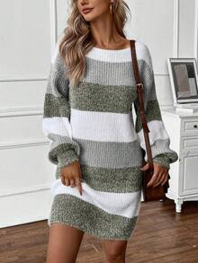 EMERY ROSE Rochie de damă de mărime mare, multicoloră, cu guler tip barcă, mânecă felinar, pufoasă, caldă, casual, lejeră, versatilă pentru purtare zilnică, pentru Ziua Recunoștinței