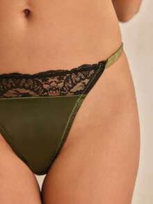 Charlaine Women's Contrast Lace Comfortable Thong Panties - Dark Green - View 4