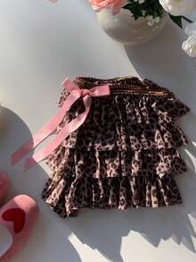 Comfortcana 2025秋冬新款时尚女式豹纹蝴蝶结装饰叠层休闲短裤 春季女式情人节沙滩度假女式豹纹短裤 - 棕色 - 查看 5