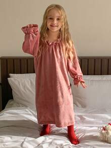 女童褶皱荷叶边腰部抓绒休闲连衣裙 - 粉色 - 查看 2