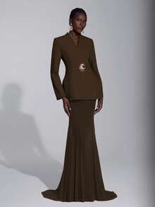 Elitara 女士优雅浪漫简约西装廓形鱼尾下摆长裙，时尚百搭，适合网红、节日、假期、生日、派对、婚礼、正式场合等各种场合。 - 咖啡棕 - 查看 5