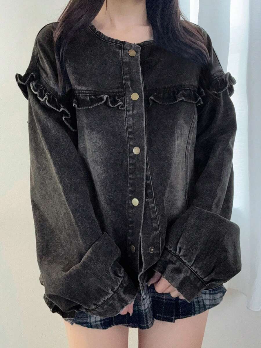 FRIFUL 女士休闲水洗牛仔外套，荷叶边下摆，秋季款 - 黑色 - 查看 1