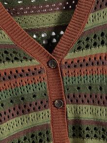 ROMWE Hippie Women's Striped Drop Shoulder Long Sleeve Single-Breasted Casual Hollow-Out Knit Cardigan - Multicolor - View 3