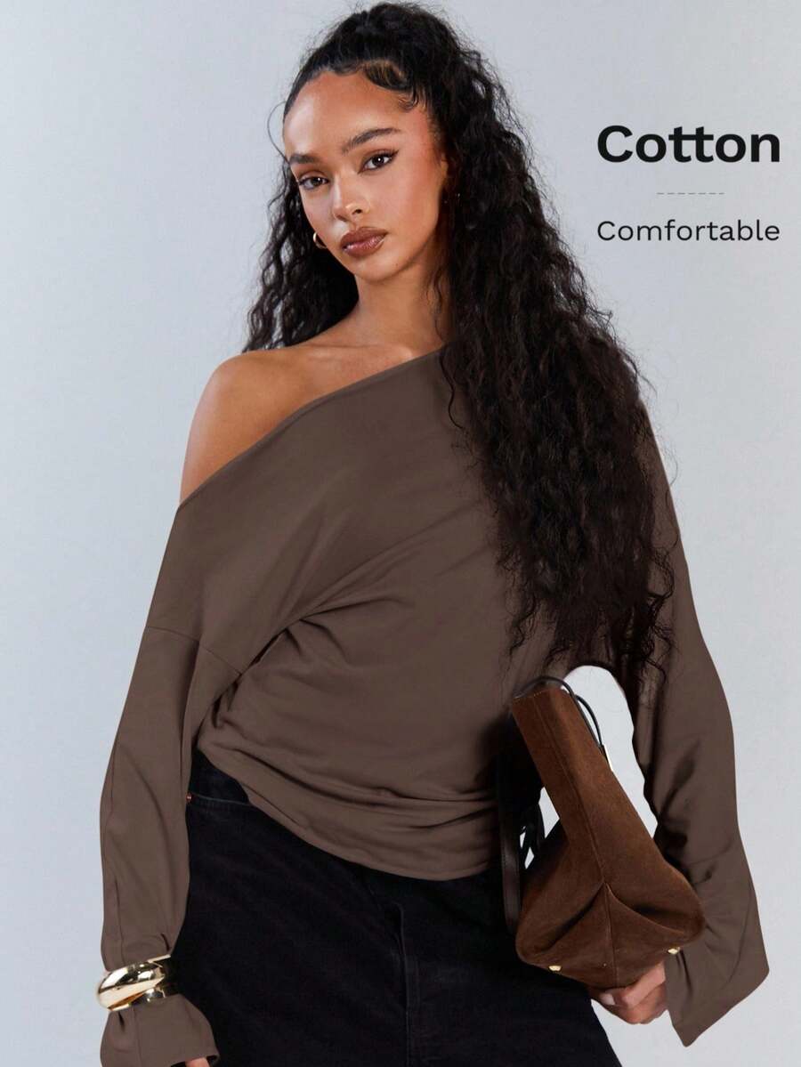 Athîral Dam Casual Enfärgad Asymmetrisk Krage Dragsko Topp, Höst - Brun - Visa 1