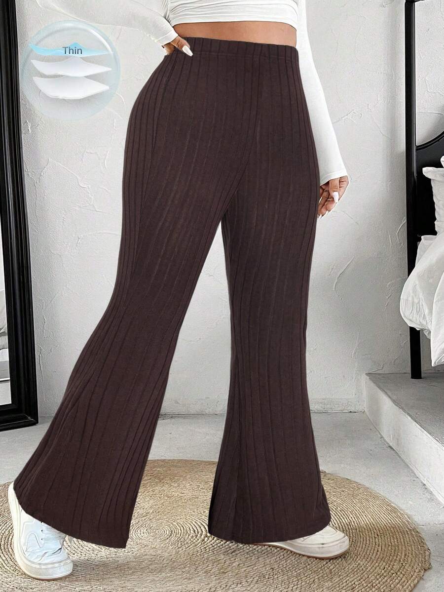 SHEIN EZwear 大码棕色高腰修身罗纹喇叭裤 - 棕色 - 查看 1