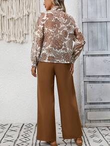 EMERY ROSE Women's Floral Print Long Sleeve Shirt And Pleated Wide Leg Pants Casual 2-Piece Set - Coffee Brown - View 2