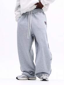 SUMWON 宽松褶皱运动裤，饰有品牌标志刺绣，休闲舒适，抽绳设计，抓绒面料，冬季居家休闲服，纯色款 - 灰色 - 查看 5