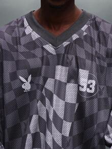 PLAYBOY X SUMWON Checkerboard Long Sleeve V-Neck Tee Bunny Logo Number 53 Jersey Tee Checkered Pattern Casual Top - Grey - View 5