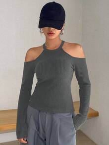 DAZY Women's Casual Everyday Commute Simple Solid Ribbed Cold Shoulder Long Sleeve Fitted T-Shirt, Spring/Autumn - Grey - View 2