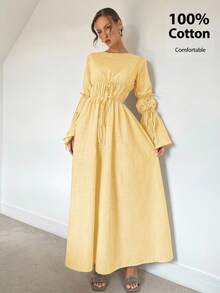 Siren Gaze 秋季新款褶皱抽绳超长喇叭袖A字连衣裙，自然色，舒适宽松休闲秋冬长款女装 - 黃色 - 查看 1