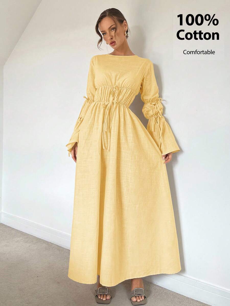Siren Gaze 秋季新款褶皱抽绳超长喇叭袖A字连衣裙，自然色，舒适宽松休闲秋冬长款女装 - 黃色 - 查看 1