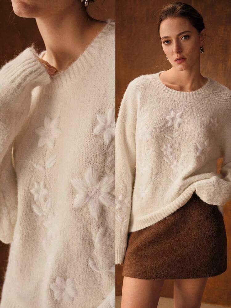 WOMEN'S FLORAL EMBROIDERED SWEATER, LUXURIOUS RELAXED SOFT STYLE, AUTUMN/WINTER
