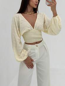 Aloruh Women's Elegant Alluring Deep Shirred Cinched Waist Pullover Long Sleeve Lantern Cuff Blouse - Beige - View 1