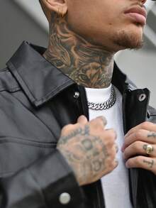 Devon Thys Men Flap Detail Zip Up PU Leather Jacket, For Fall Winter, Grunge - Black - View 3
