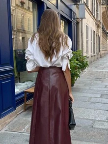 Pariaura 女士酒红色PU皮拉链A字裙，适合万圣节派对、婚礼宾客等场合，优雅百搭，冬季外出穿着，秋冬季圣诞节等节日穿着，时尚别致。 - 酒紅色 - 查看 2