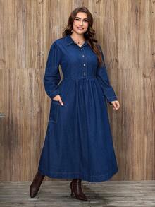 EMERY ROSE Plus Size Women Casual Elegant Washed Denim Dress - Dark Wash - View 1