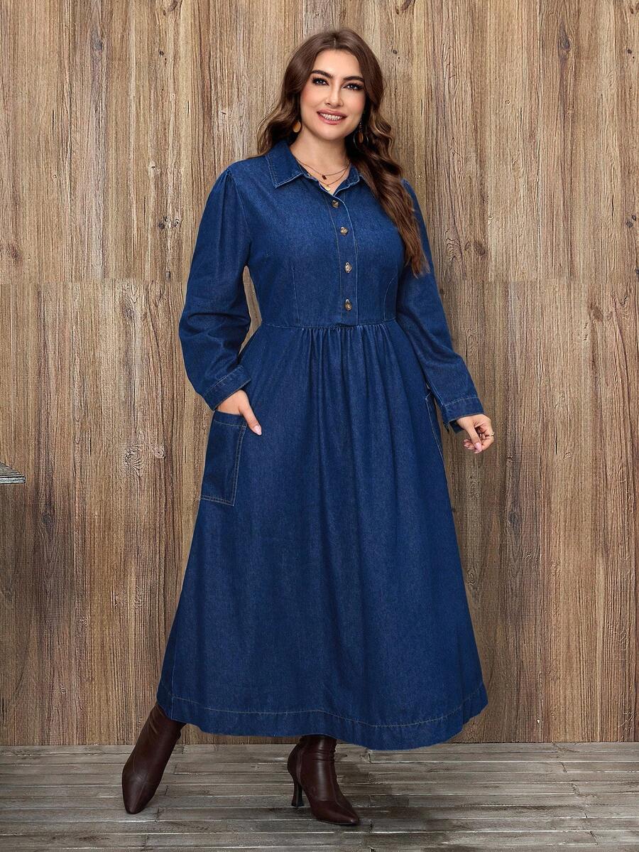 EMERY ROSE Plus Size Women Casual Elegant Washed Denim Dress - Dark Wash - View 1