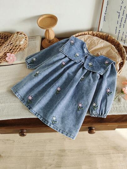 SHEIN Vintaside Kids Baby Girl Denim Dress,Blue Floral Embroidery Design With Large Collar,Cute Modest Outfit For Autumn Picnic,Shopping,Parties And Casual Summer Wear