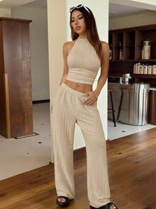 SHEIN EZwear 女式卡其色褶皱短款露背上衣和宽松阔腿裤休闲两件套 - 卡其色 - 查看 3