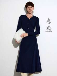 SHEIN Stylify V-Ausschnitt Knopf Taille anliegendes Strickkleid mit Langarm, eleganter französischer Stil für Herbst/Winter - marineblau - Übersicht 5