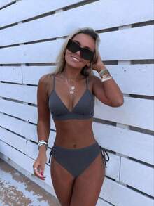 SHEIN Swim 女士純色簡約胸衣上衣和束繩泳裝下著分體比基尼套裝 - 淺灰色 - 查看 3