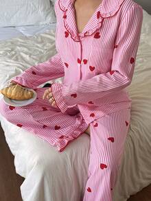Eraneu Women's Heart Striped Ruffle Collar Single-Breasted Top And Pants Pajama Set, Winter Clothes - Pink - View 4