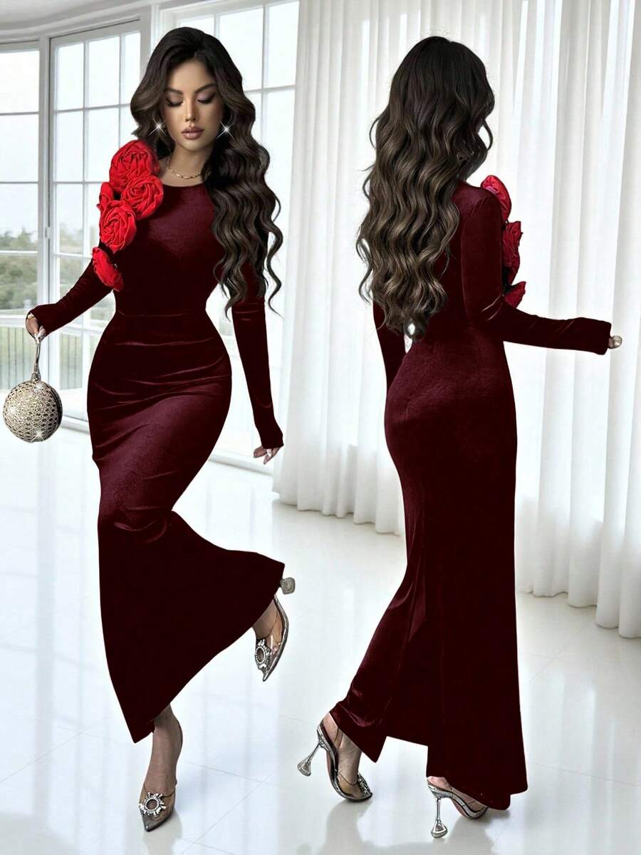 Rafferiza 女士秋冬圆领3D立体花卉丝绒修身收腰长裙，优雅适合假日、派对、圣诞晚宴 - 酒紅色 - 查看 1