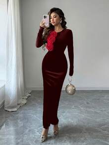 Rafferiza 女士秋冬圆领3D立体花卉丝绒修身收腰长裙，优雅适合假日、派对、圣诞晚宴 - 酒紅色 - 查看 6