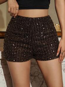 DAZY 女士时尚派对亮片拉链嘉年华短裤 - 咖啡棕 - 查看 4
