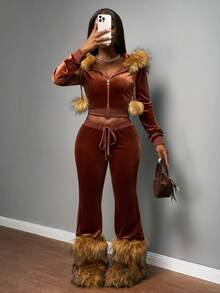 Slaydiva 2025秋冬新款音乐节、假日、西部、游牧风格休闲两件套 - 拉链抓绒领外套 + 直筒裤，芥末绿，臀部字母刺绣，天鹅绒 - 芥末黃 - 查看 6