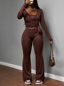 Slaydiva 2025新款秋冬基础休闲学生居家舒适柔软运动跑步瑜伽保暖芭蕾舞少女风吊带背心+长袖绷带上衣+喇叭裤女裤三件套-B - 棕色 - 查看 4