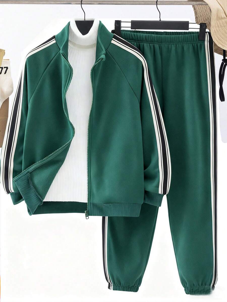 Set de 2 piezas Sudadera con capucha y pantalón de chándal con gráfico de letra suelta para adolescentes, adecuado para la escuela, el jardín, la playa, el cumpleaños, la primavera, el verano, el otoño y el invierno - Azul - Ver 1