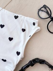 SHEIN 少女白色针织休闲简约爱心印花不对称褶皱短款上衣，适合春夏穿着，休闲百搭，个性风格，日常穿着 - 彩色 - 查看 4