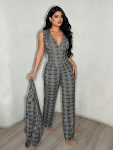 SHEIN SXY 女士千鸟格纹长袖西装外套、单排扣马甲和长裤三件套，优雅套装，格子两件套，裤装套装，女士西装套装，女士套装，外出套装，女士套装，格子两件套 - 彩色 - 查看 5