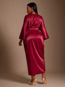 SHEIN SXY Plus Size Solid Color Deep V-Neck High Slit Sexy Dress - Red - View 7