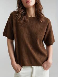 Ontre 2026春夏新款都市时尚风，简约舒适，咖啡色，镂空设计，宽松版型，女士针织上衣，四季皆宜，适合返校季、商务休闲、通勤等场合，也可作为女士婚礼宾客图案T恤 - 咖啡棕 - 查看 1