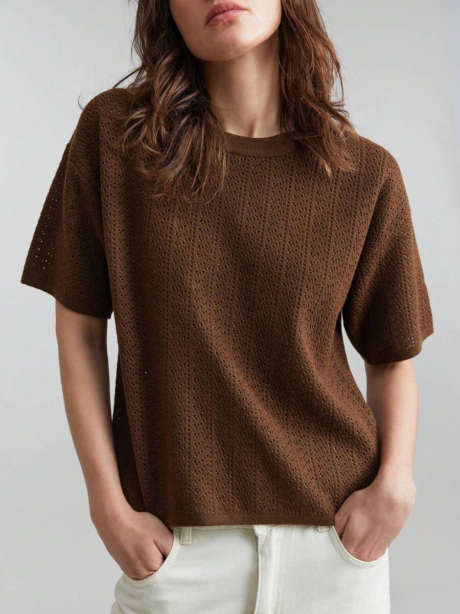 Ontre 2026春夏新款都市时尚风，简约舒适，咖啡色，镂空设计，宽松版型，女士针织上衣，四季皆宜，适合返校季、商务休闲、通勤等场合，也可作为女士婚礼宾客图案T恤 - 咖啡棕 - 查看 1