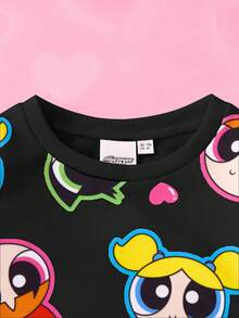THE POWERPUFF GIRLS X SHEIN 小女孩卡通爱心花朵、泡泡、毛茛图案可爱长袖圆领卫衣