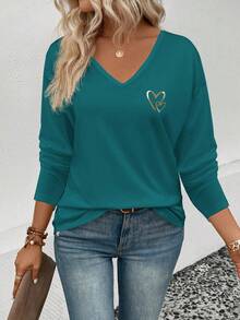 EMERY ROSE 女士休闲爱心印花V领长袖百搭T恤，秋冬款 - 水鴨藍 - 查看 5