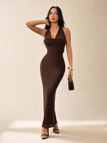 SHEIN PETITE Đầm dài cổ xếp ly lưới trơn màu thanh lịch dành cho nữ, phong cách nghỉ dưỡng, thích hợp cho kỳ nghỉ thu/đông - màu nâu - Xem 6