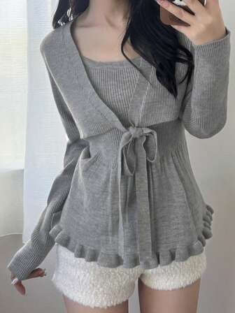 FRIFUL Women's Solid Color Camisole Cardigan Two Pieces Set With Ruffle Hem Decoration And Front Tie