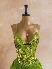 Soleia Women's Sequin Embellished Slim Fit V-Neck Mini Dress - Green - View 5