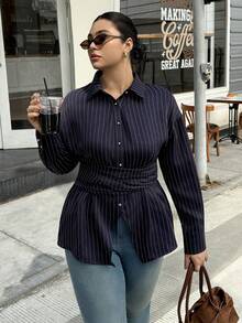 Dripcurv Women's Plus Elegant Waist Cinched Long Sleeve Shirt,Striped Blouse,Navy Blue,Autumn,Smart Casual,Everyday,Slim Fit Button Top For Business,Vacation - Navy Blue - View 1