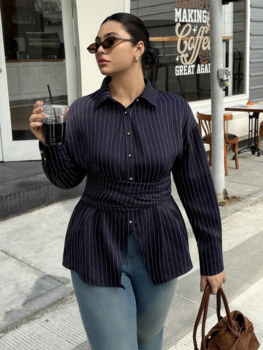 Dripcurv Women's Plus Elegant Waist Cinched Long Sleeve Shirt,Striped Blouse,Navy Blue,Autumn,Smart Casual,Everyday,Slim Fit Button Top For Business,Vacation - Navy Blue - View 1