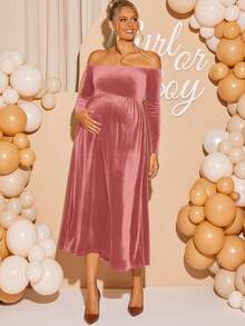 Loomaby 孕妇纯色露肩优雅长袖连衣裙 - 粉色 - 查看 5