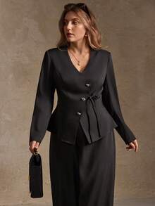 SHEIN LUNE 秋冬两件套加大码女式不规则金属扣肩带开衩背心裤套装，秋冬女士办公室穿搭，两件套女装，优雅老钱风女装 - 黑色 - 查看 5