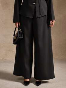 SHEIN LUNE 秋冬两件套加大码女式不规则金属扣肩带开衩背心裤套装，秋冬女士办公室穿搭，两件套女装，优雅老钱风女装 - 黑色 - 查看 7